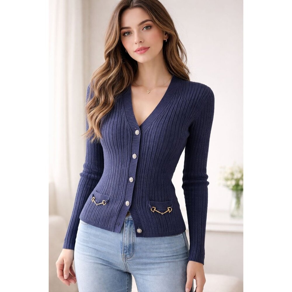 Celine Sport Vintage V Neckline Ribbed Knit Cotton Cardigan Navy Size XS